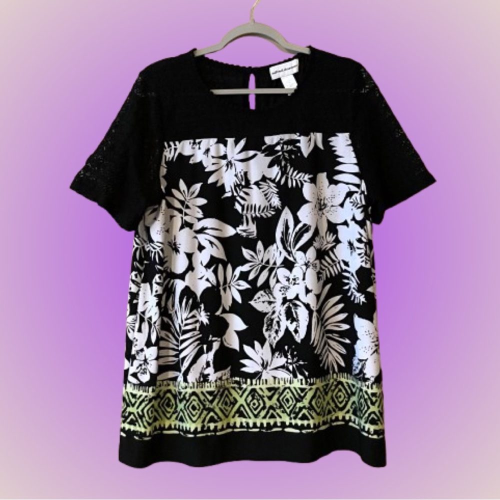 Black & white print crocheted trim Alfred Dunner blouse top sz L vacation